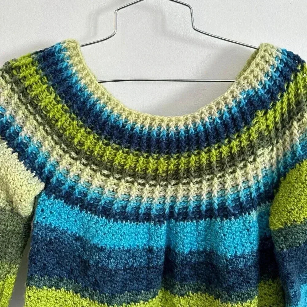 Handmade XS crochet knit dress blue green short with 3/4 sleeves - Picture 5 of 10